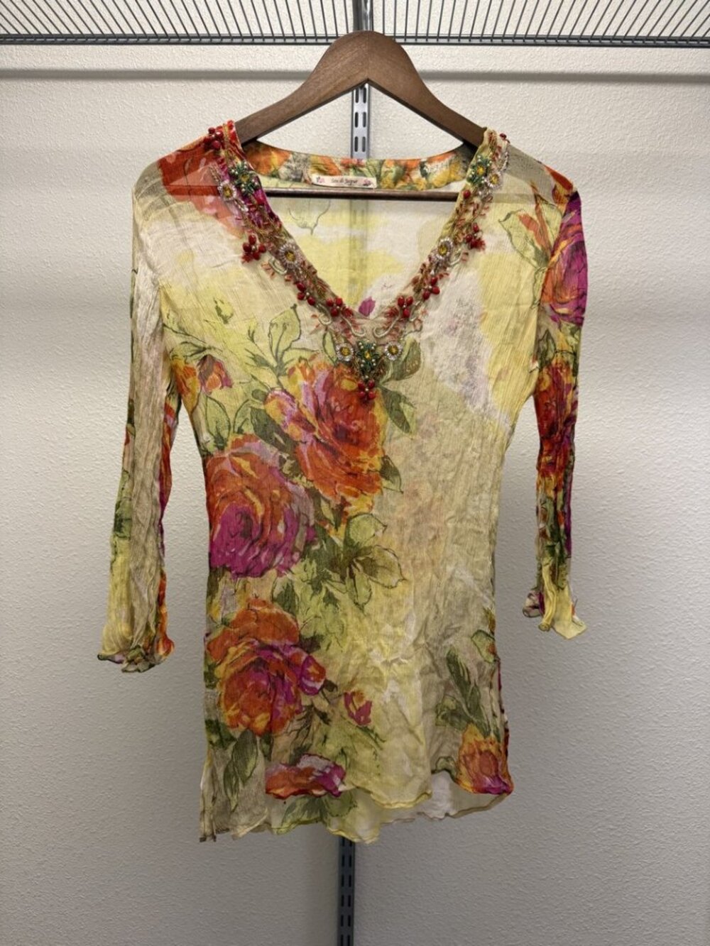 Sete di Jaipur 100% Silk Floral Tunic Mini Dress Beaded V-Neck IT 44 US 10-12